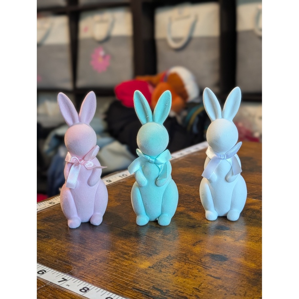 Set of 3 Pastel Flocked Easter Bunny Rabbit Figurines Spring Decor